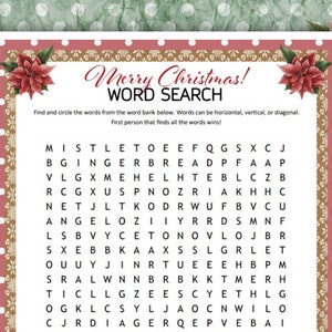 Christmas Word Search, Printable Holiday Party Games. Christmas Activities for Kids, Adults, and Seniors.