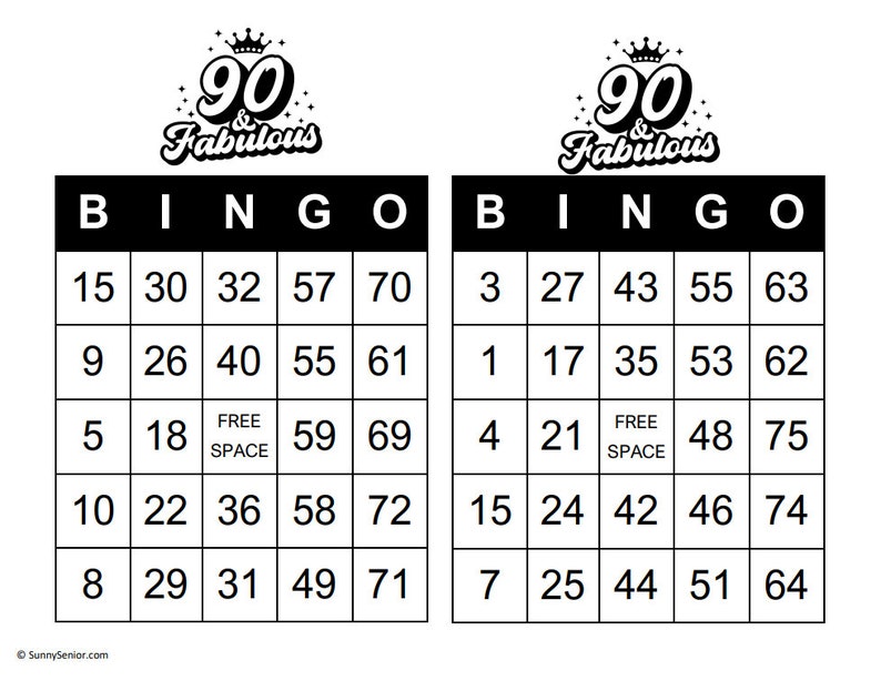 90 & Fabulous Printable Bingo Cards Set of 1000 Etsy
