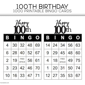 Bingo voor volwassenen 100e verjaardag, afdrukbare bingokaarten 100e verjaardag!