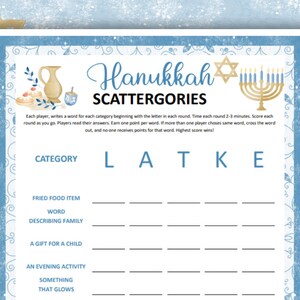 Scattergories de Hanoucca, jeux de Hanoucca à imprimer pour enfants, adultes et personnes âgées ! Activités pour les jeux de société de Hanoucca.