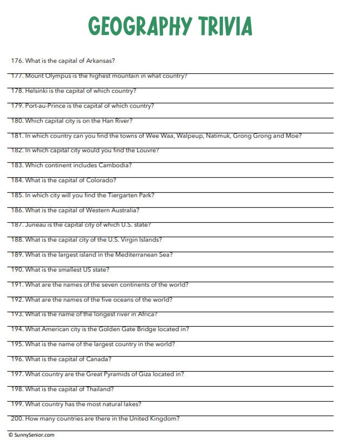 Geography Trivia Printable Geography Game for Trivia Night. Perfect for