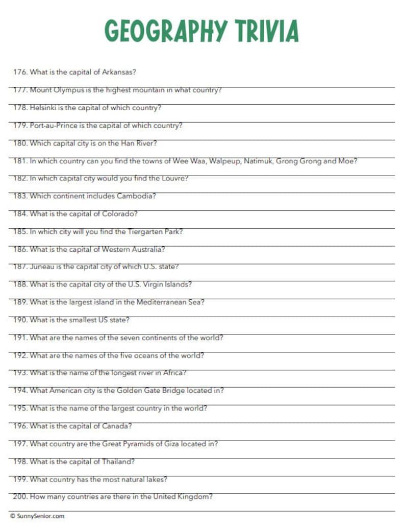 Geography Trivia Printable Geography Game for Trivia Night. Perfect for