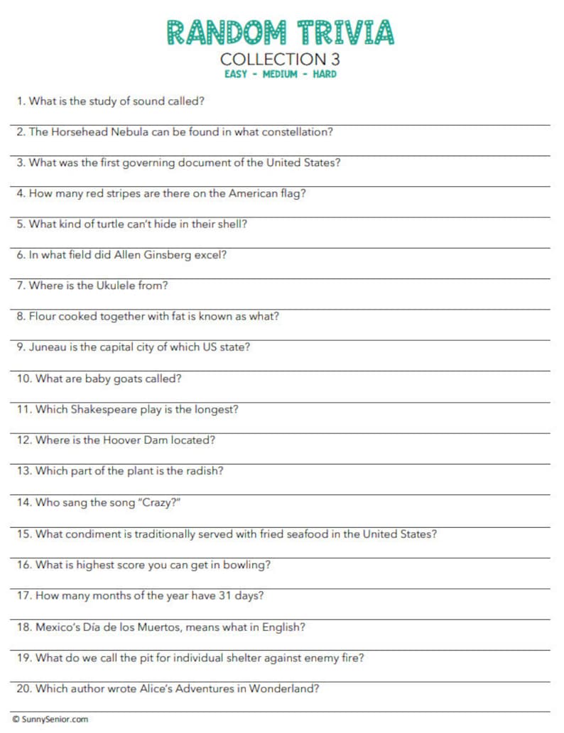 Senior Trivia A Fun and Educational Printable Game Etsy