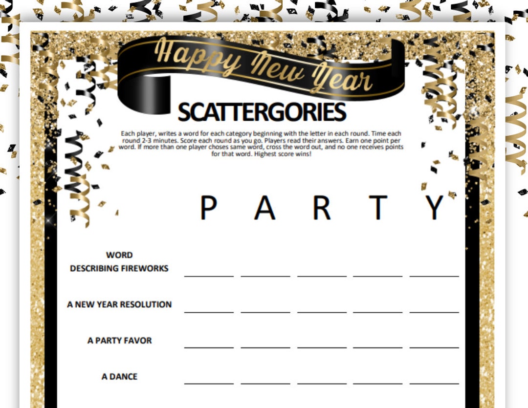 New Year's Scattergories Game Gold Printable Holiday