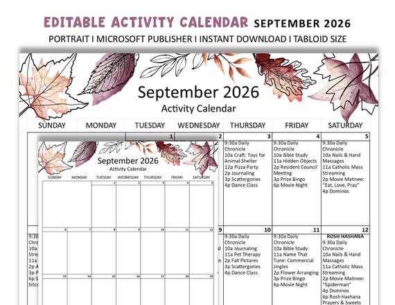 September 2026 Activity Calendar for Senior Living (17x11 Tabloid ...