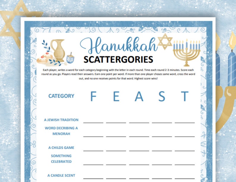 Hanukkah Scattergories, Printable Chanukah Games for Kids, Adults and