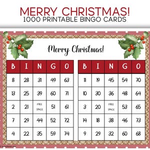 Cartões de bingo de Natal para impressão 1000 cartões de jogo de bingo, jogos de festa de Natal em PDF para adultos, idosos e crianças. Baixar bingo de férias