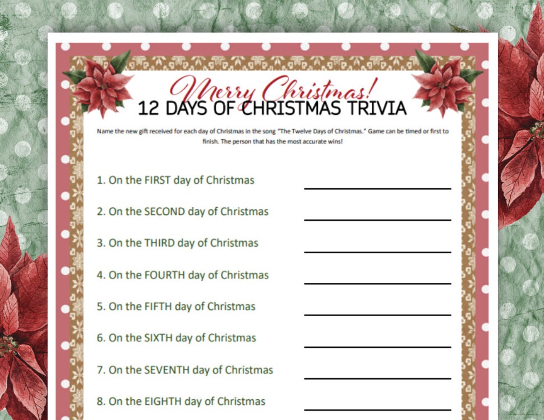 Christmas Trivia, Printable Holiday 12 Days of Christmas Party Game ...