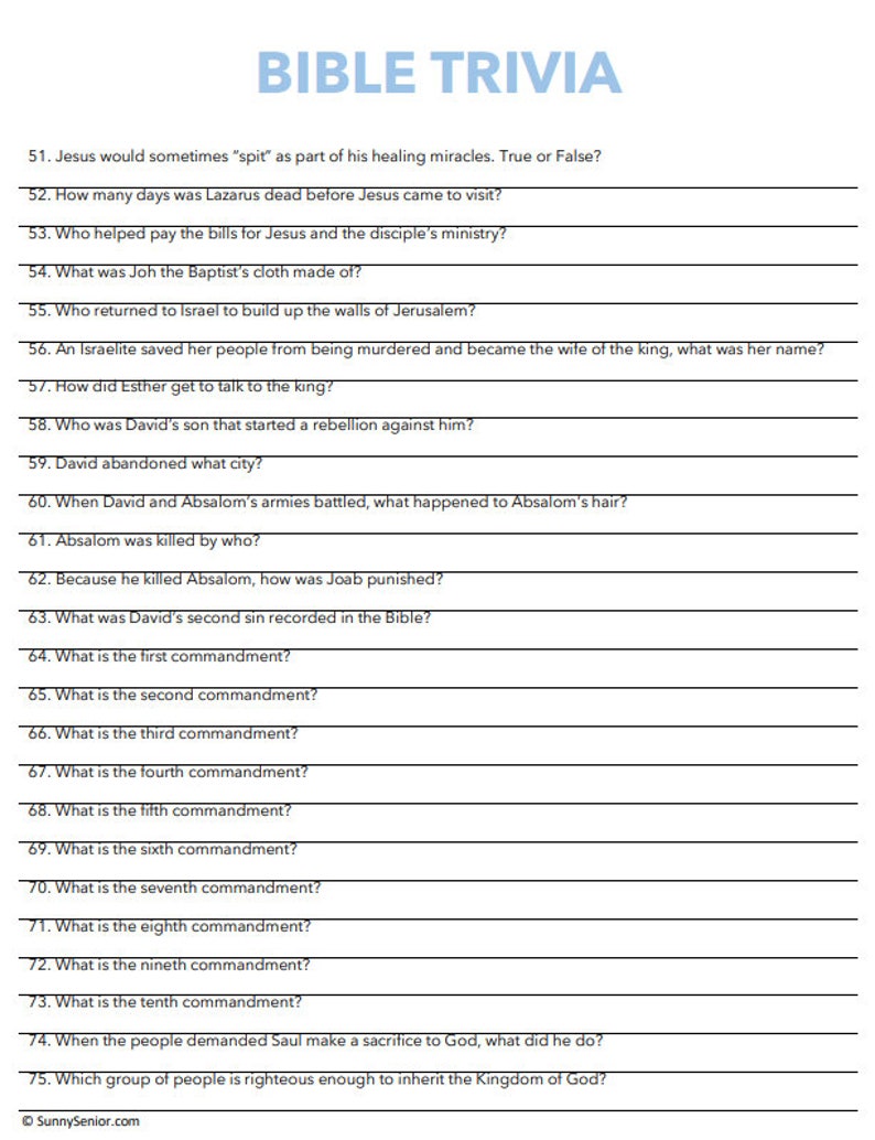Bible Trivia Party Game Questions & Answers, Christian Trivia for Bible Study, Youth Groups
