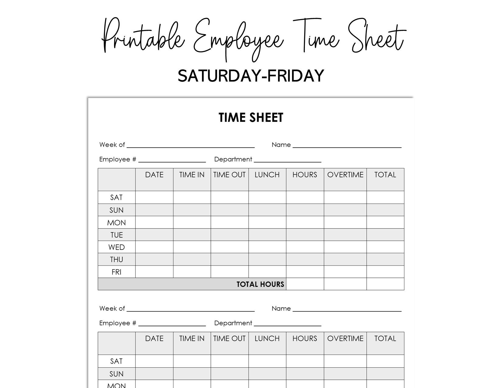 Printable Employee Time Sheet - Saturday to Monday - Etsy