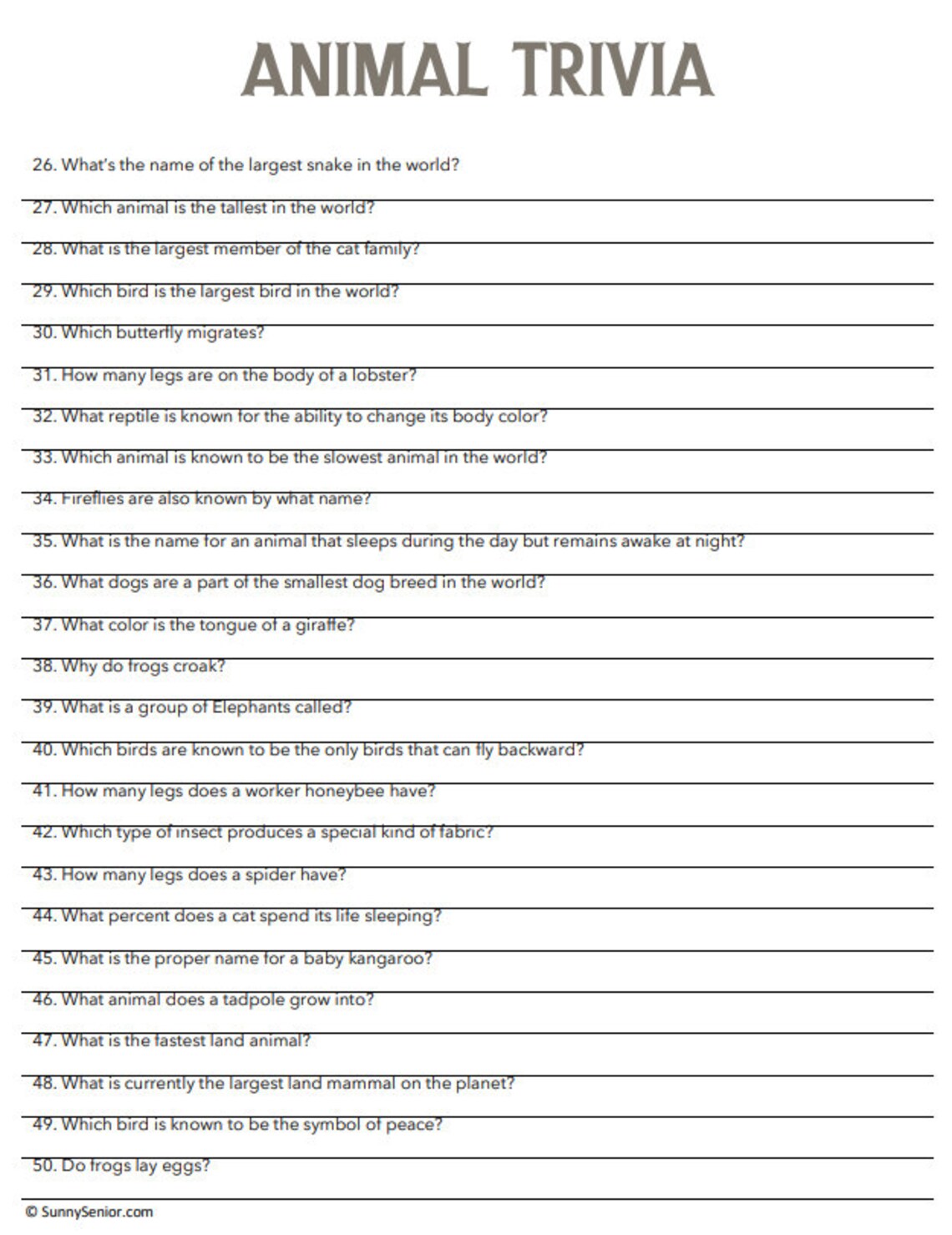 Easy Animal Trivia Game Printable Trivia for Dementia, Alzheimer's