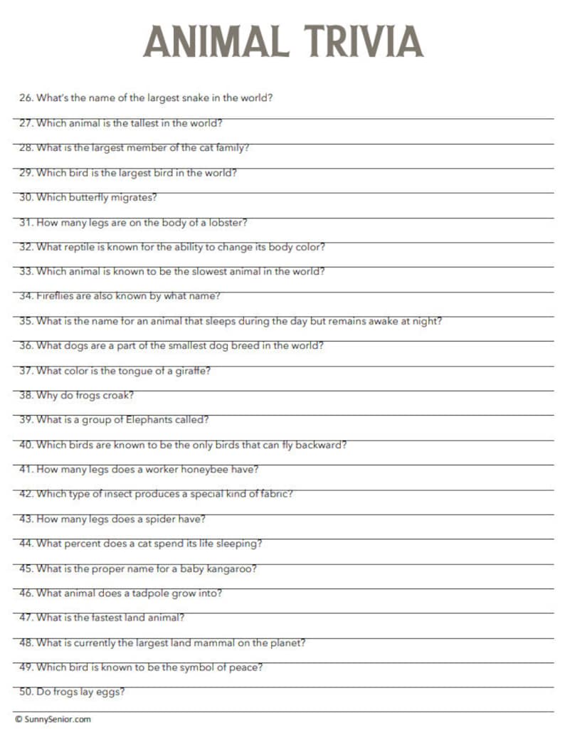 Easy Animal Trivia Game Printable Trivia for Dementia, Alzheimer's