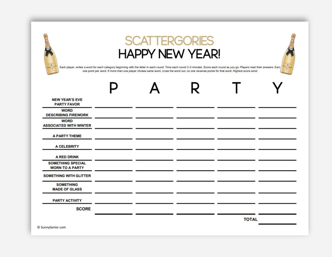 5 New Year's Eve Games Printable Scattergories Word Game