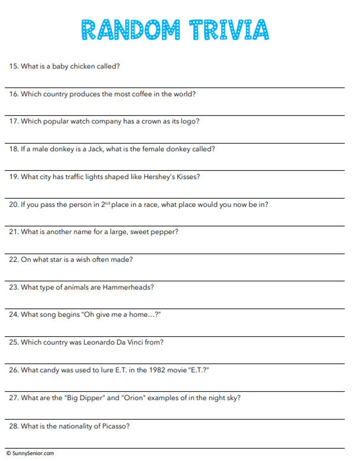 Easy Trivia for Dementia Printable Memory Care Activities Alzheimer