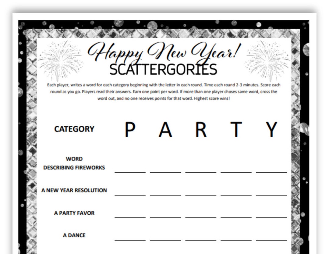 New Year's Eve Scattergories Game Printable Holiday