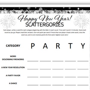 New Year&#39;s Eve Scattergories Game, Printable Holiday Activities. New Years Scattergories for Kids, Adults, and Seniors.