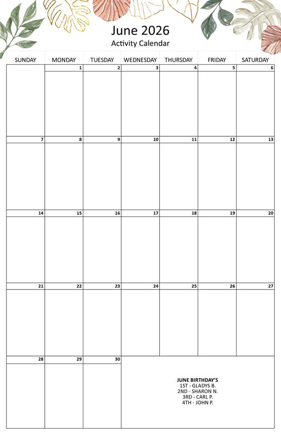 June 2026 Senior Living Activities Calendar: Editable Tabloid ...