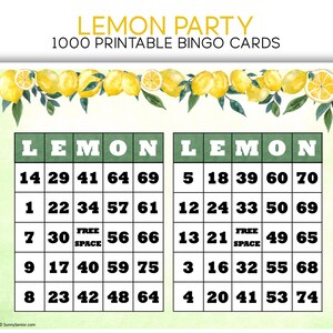 1000 cartes de bingo au citron imprimables, PDF. Parfait pour le thème du citron ou une soirée limonade