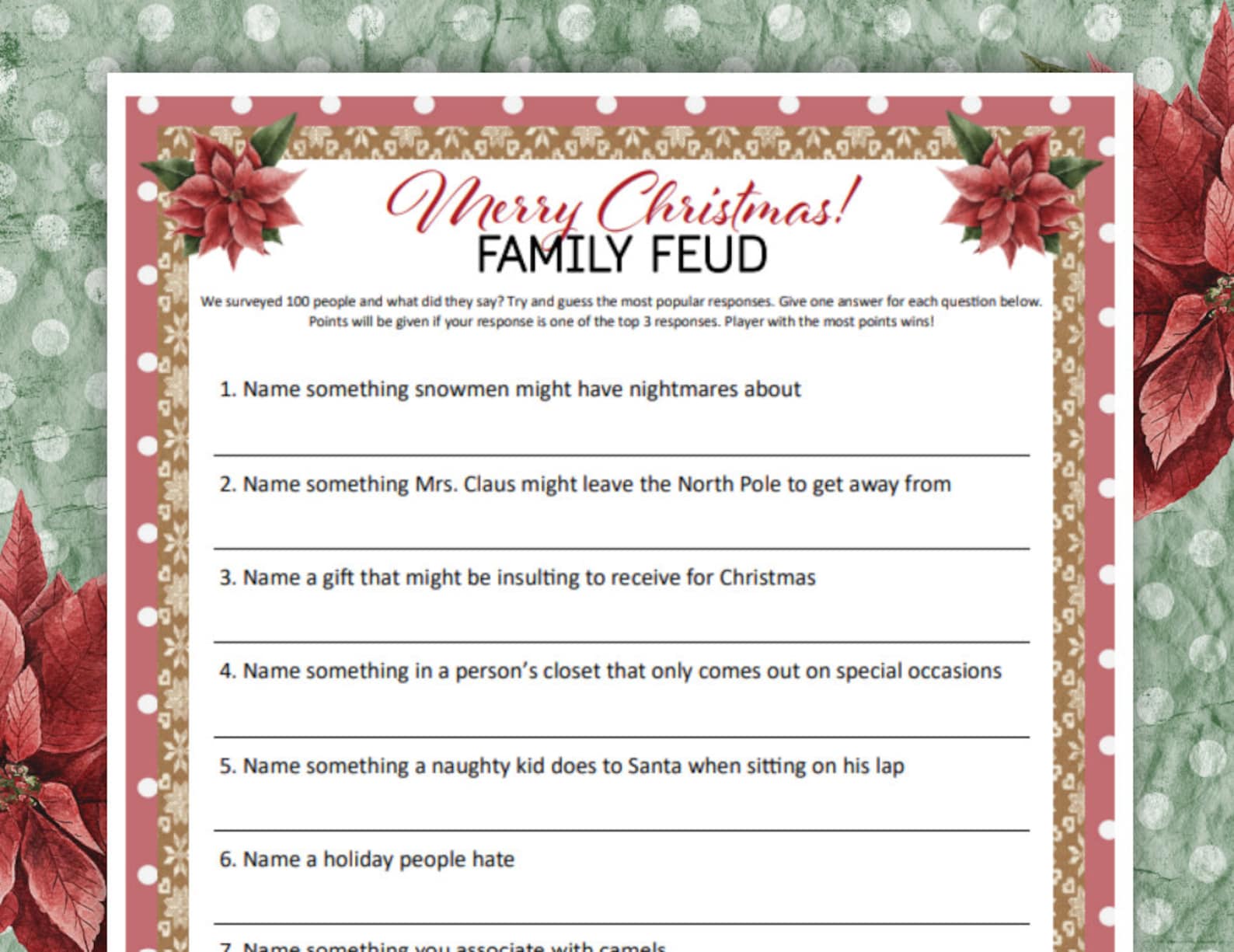 Christmas Family Feud Game, Printable Holiday Party Games. Christmas