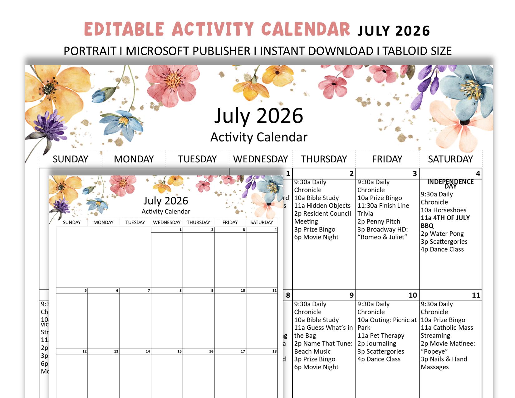 July 2026 Senior Living Activities Calendar - Editable Tabloid ...