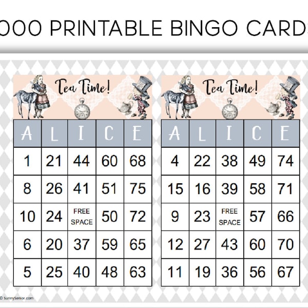 Alice in Wonderland Printable Bingo Cards - Set of 1000