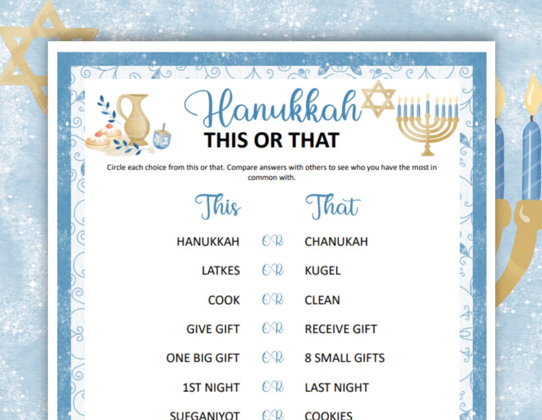 Hanukkah This or That Game, Printable Chanukah Games for Kids, Adults