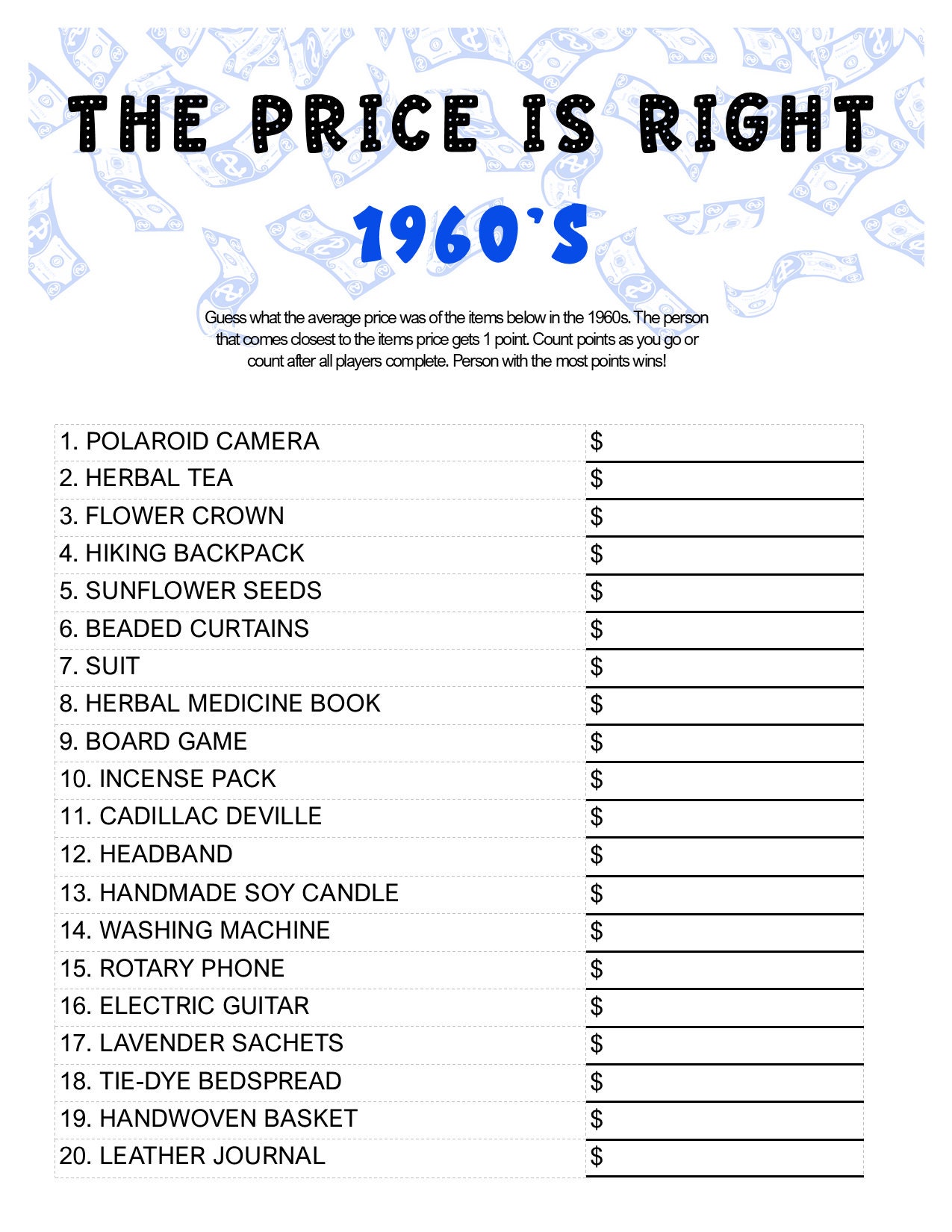 Printable 1960's the Price is Right Game Bring the Classic Game Show