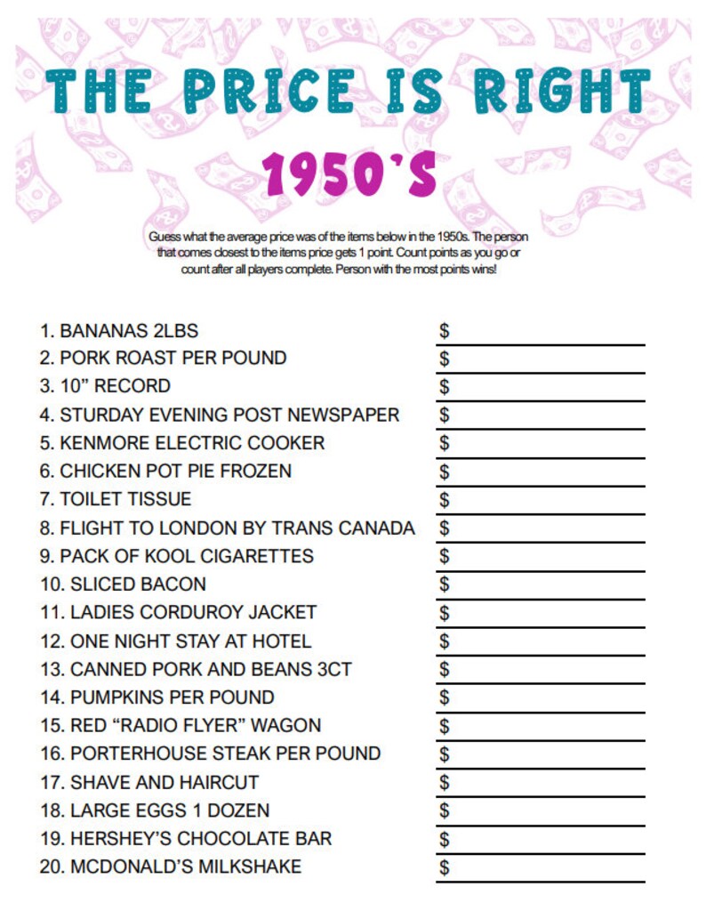 Printable 1950's the Price is Right Game: Bring the - Etsy