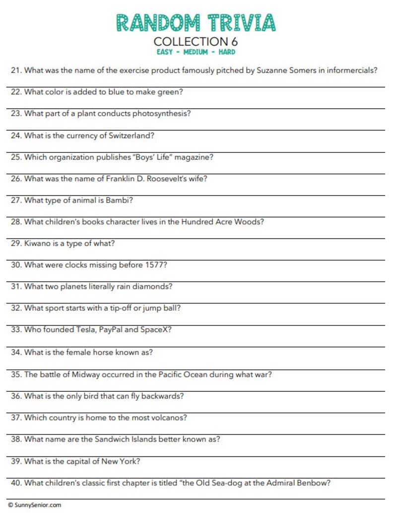 Senior Living Trivia: A Fun and Educational Printable Game - Etsy