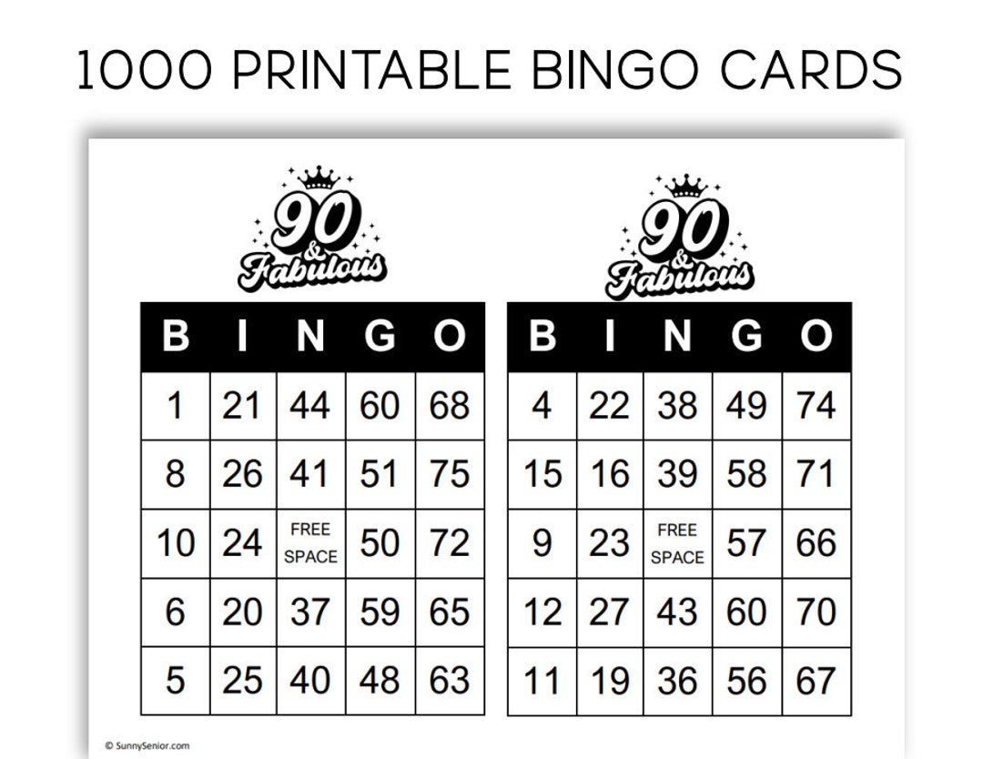 90 & Fabulous Printable Bingo Cards Set of 1000 Etsy