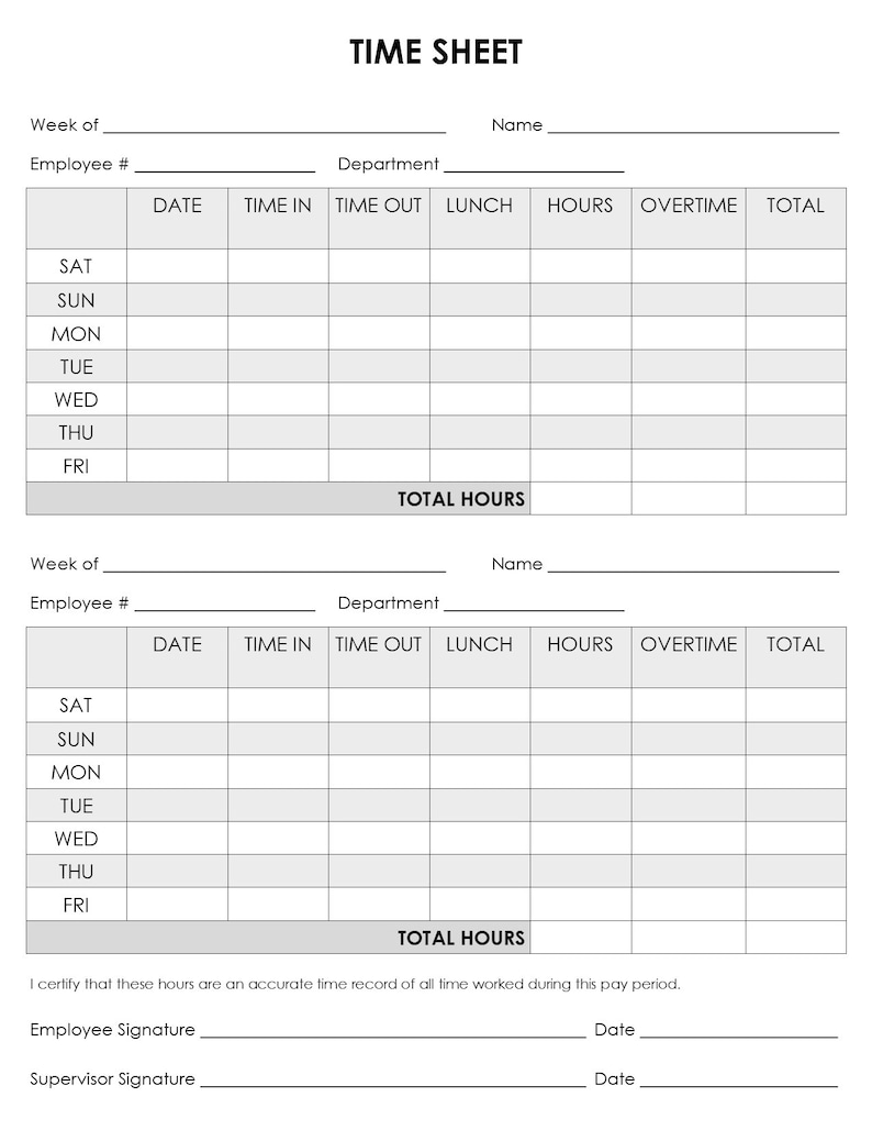 Printable Employee Time Sheet Saturday to Monday Etsy