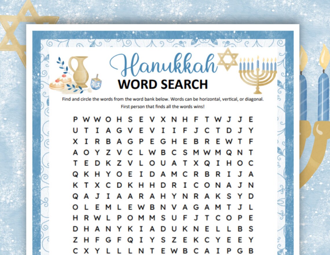 Hanukkah Word Search Puzzle, Printable Chanukah Games for Kids, Adults ...