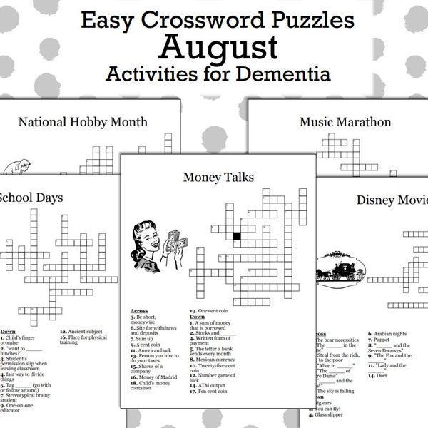 Easy August Crossword Puzzles for Alzheimer's & Dementia