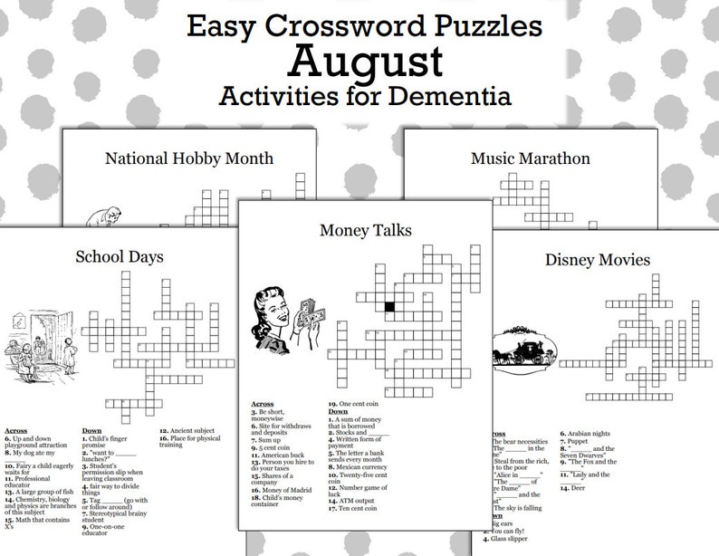 Easy August Crossword Puzzles for Alzheimer's & Dementia Etsy