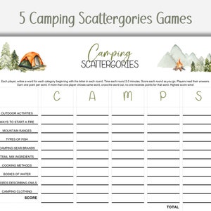 Camping Adventure Scattergories Extravaganza - 5 Printable Camping-Themed Games Bundle