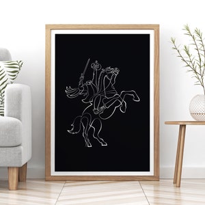 Cavaleiro sem cabeça // Desenho de terror de linha única para impressão, arte de parede, pôster ou cartão postal, download instantâneo, fundo preto ou branco