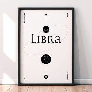 Libra // Printable Digital Astrological Poster, Constellation Wall Art or Zodiac Postcard, Instant Download, Black or White Background