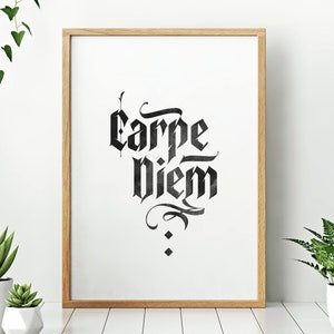 Carpe Diem // 印刷可能なミニマルなタイポグラフィの引用ポスター、カリグラフィーポストカード、即時ダウンロード、黒または白の背景