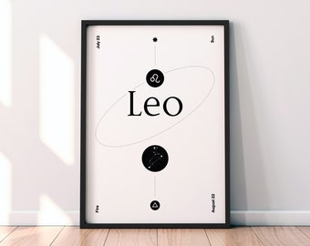 Leo // Printable Digital Astrological Poster, Constellation Wall Art or Zodiac Postcard, Instant Download, Black or White Background