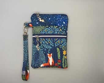 Double zipper fox into the woods starry night night sky iPhone 14 iPhone 13 Pro iPhone XR iPhone XS Max iPhone 12 cell phone wristlet