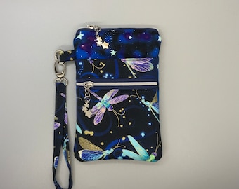 Dragonfly night glow in the dark stars iPhone 16 15 14 13 Pro XR 12 XS Max cell phone wristlet with star pulls