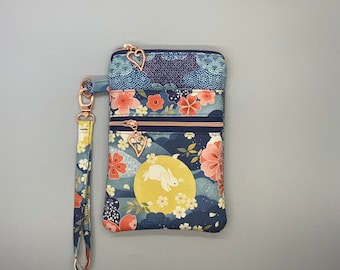 Double zipper iPhone 14 iPhone 13 Pro iPhone 12 iPhone XR iPhone XS Max lunar new year cherry blossom Sakura rabbit cell phone wristlet