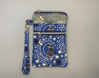 iPhone 15 iPhone 14 iPhone 13 Pro iPhone 12 iPhone XR iPhone XS Max navy blue cat in the moon metallic gold detail cell phone wristlet