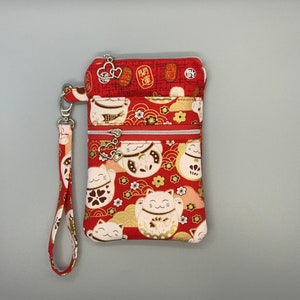 Red lucky cat Shiba iPhone 16 Pro iPhone 15 iPhone 14 Pro iPhone 13 iPhone 12 cell phone wristlet with heart pulls and metallic gold details