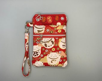 Red lucky cat Shiba iPhone 14 iPhone 13 Pro iPhone 12 iPhone 12 Pro Max XR XS cell phone wristlet with heart pulls and metallic gold details