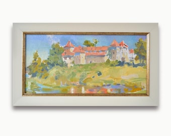 Original framed oil painting. By Ukrainian artist. Impressionist castle landscape. Medieval architecture wall art. Hills and river scenery.