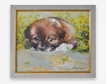 Vintage ingelijst canvas origineel olieverfschilderij. Door Oekraïense Sovjetkunstenaar Vasilik. Impressionistisch schattig puppyportret. Fijne kunst. Uniek in zijn soort