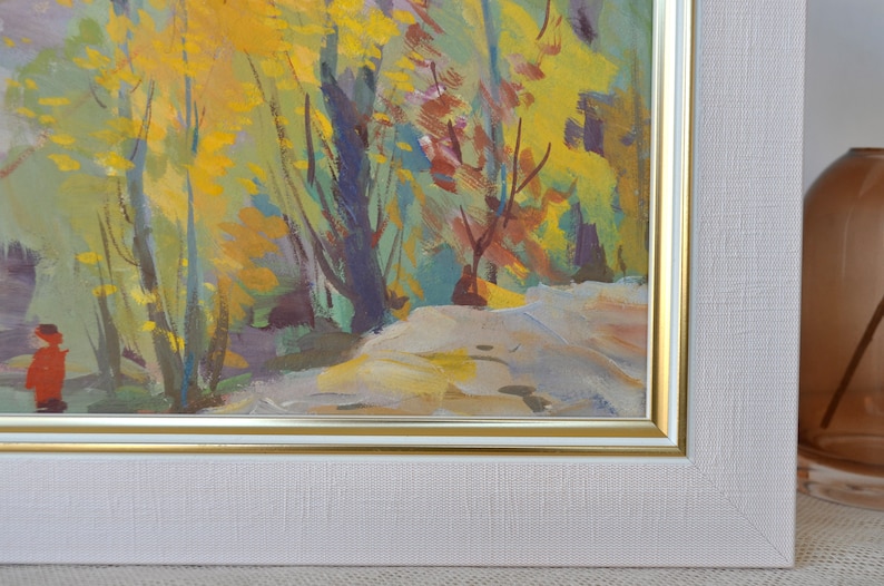 Vintage framed original gouache painting. By Soviet Ukrainian artist O. Ovcharenko. Impressionist autumn landscape. Fine art. One of a kind image 7