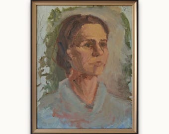 Vintage framed original oil painting. By Ukrainian Soviet artist Y. Pavlenko. Impressionist textured female portrait Fine art One of a kind