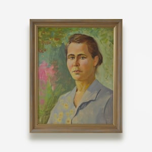 Pintura a óleo original de meados do século. Do renomado artista soviético ucraniano Y. Flek. Retrato feminino realista socialista. Belas artes. Único.